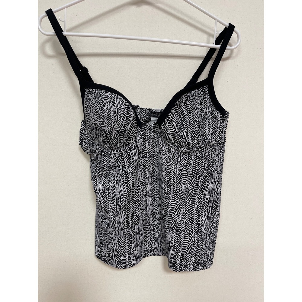 Maidenform Swim Tankini Top Black White Geometric Wave Flyaway Back 36B